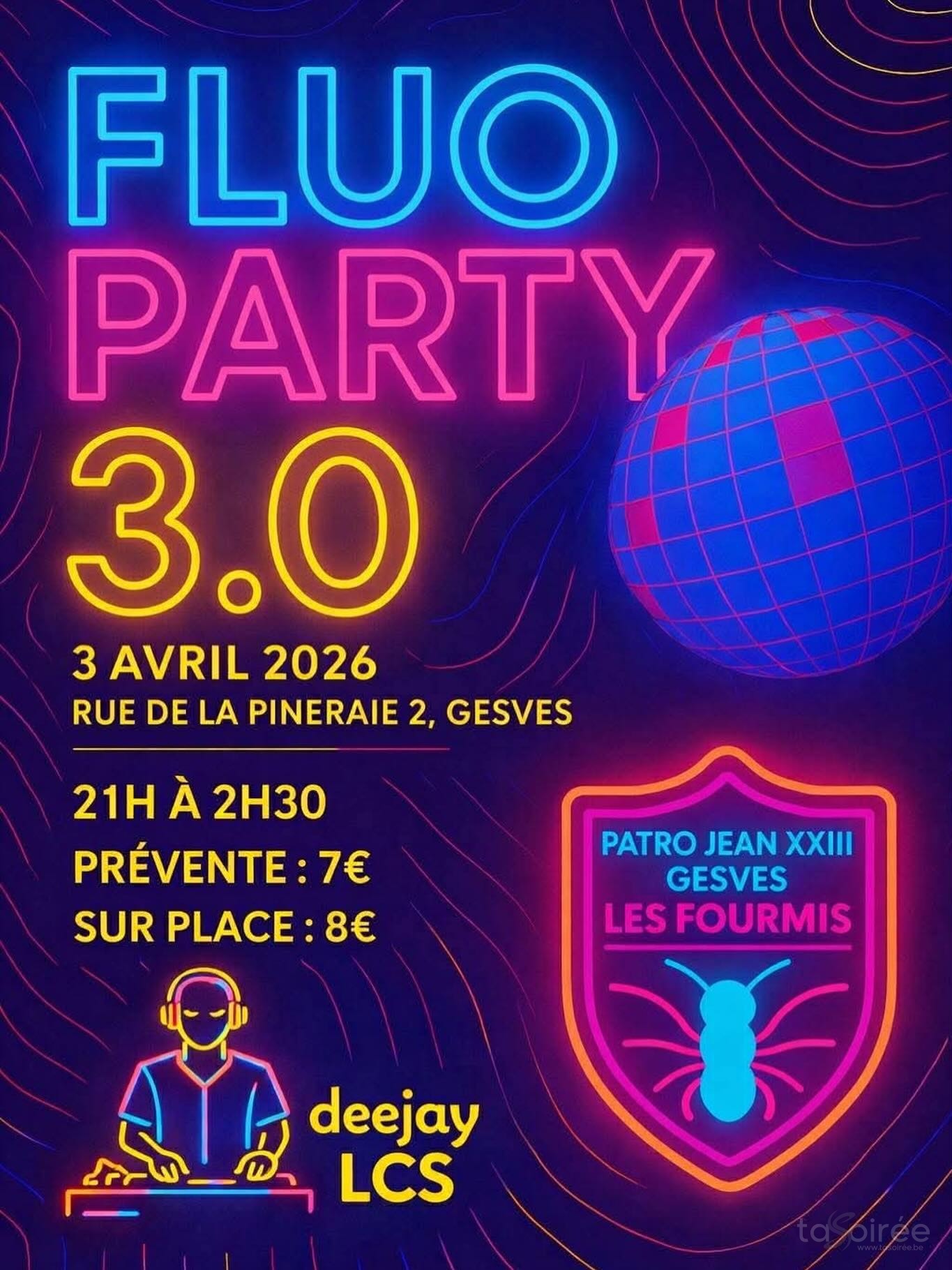 Affiche de la soirée Fluo Party 3.0 à Gesves